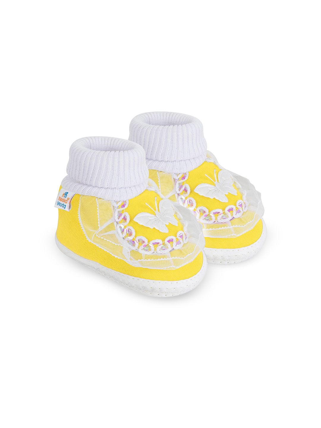 NESKA MODA Unisex Kids White & Yellow Butterfly & Frill Slip On Cotton Booties-picture-17