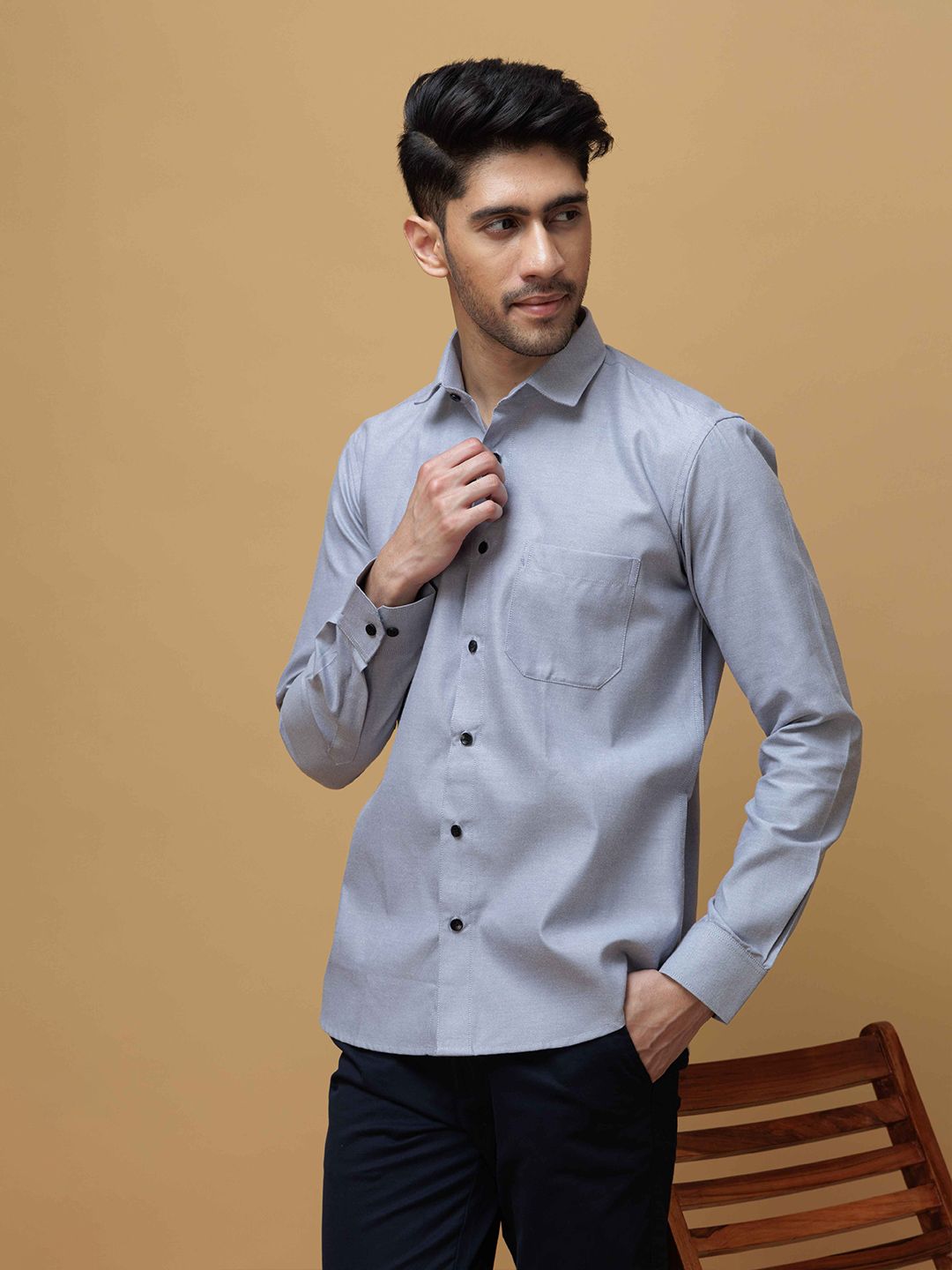 Foomer Men Standard Fit Solid Spread Collar Cotton Casual Shirt-picture-34