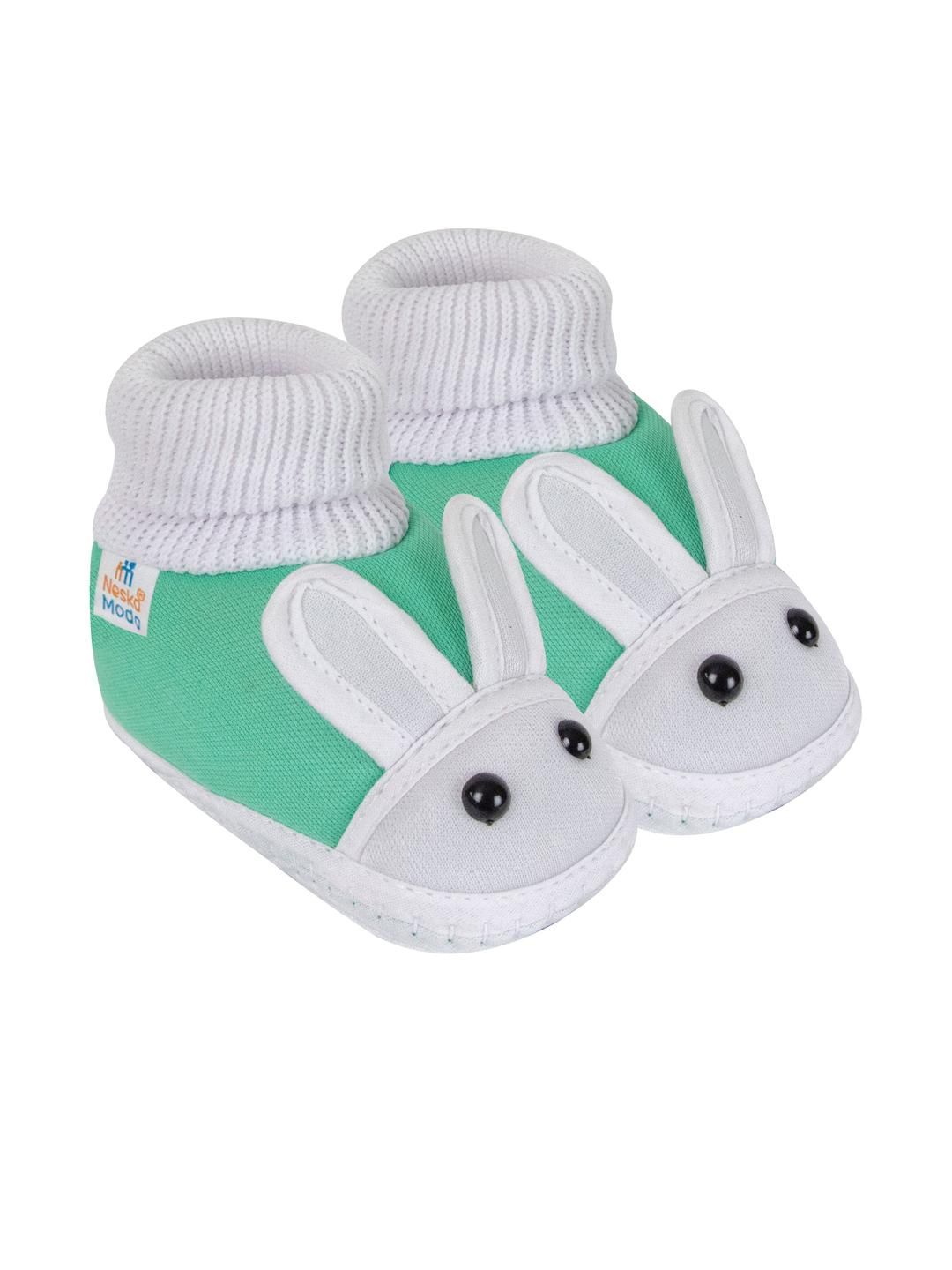 NESKA MODA Kids Green & White Bunny Slip On Cotton Booties-picture-14
