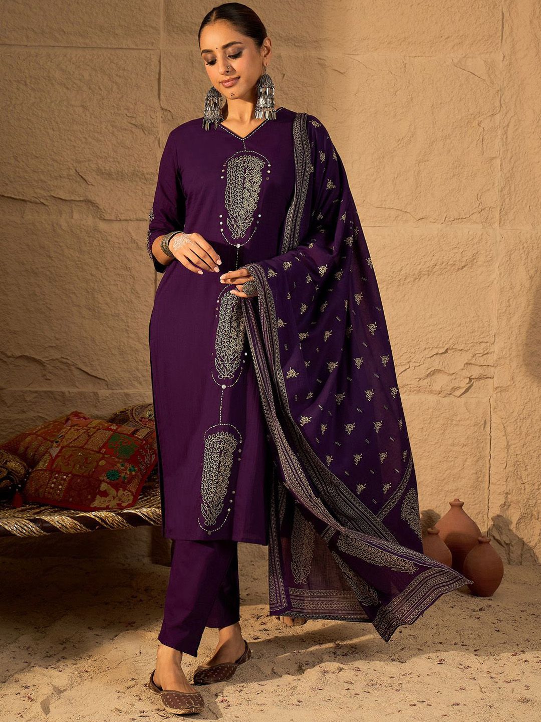 Indo Era Women Floral Printed Mirror Work Pure Cotton Kurta with Trousers & Dupatta