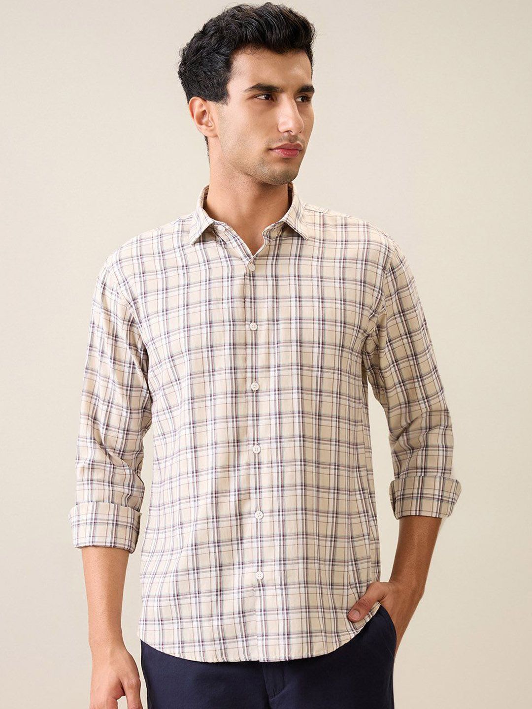 Park Avenue Men Slim Fit Windowpane Checked Spread Collar Casual Shirt-picture-16