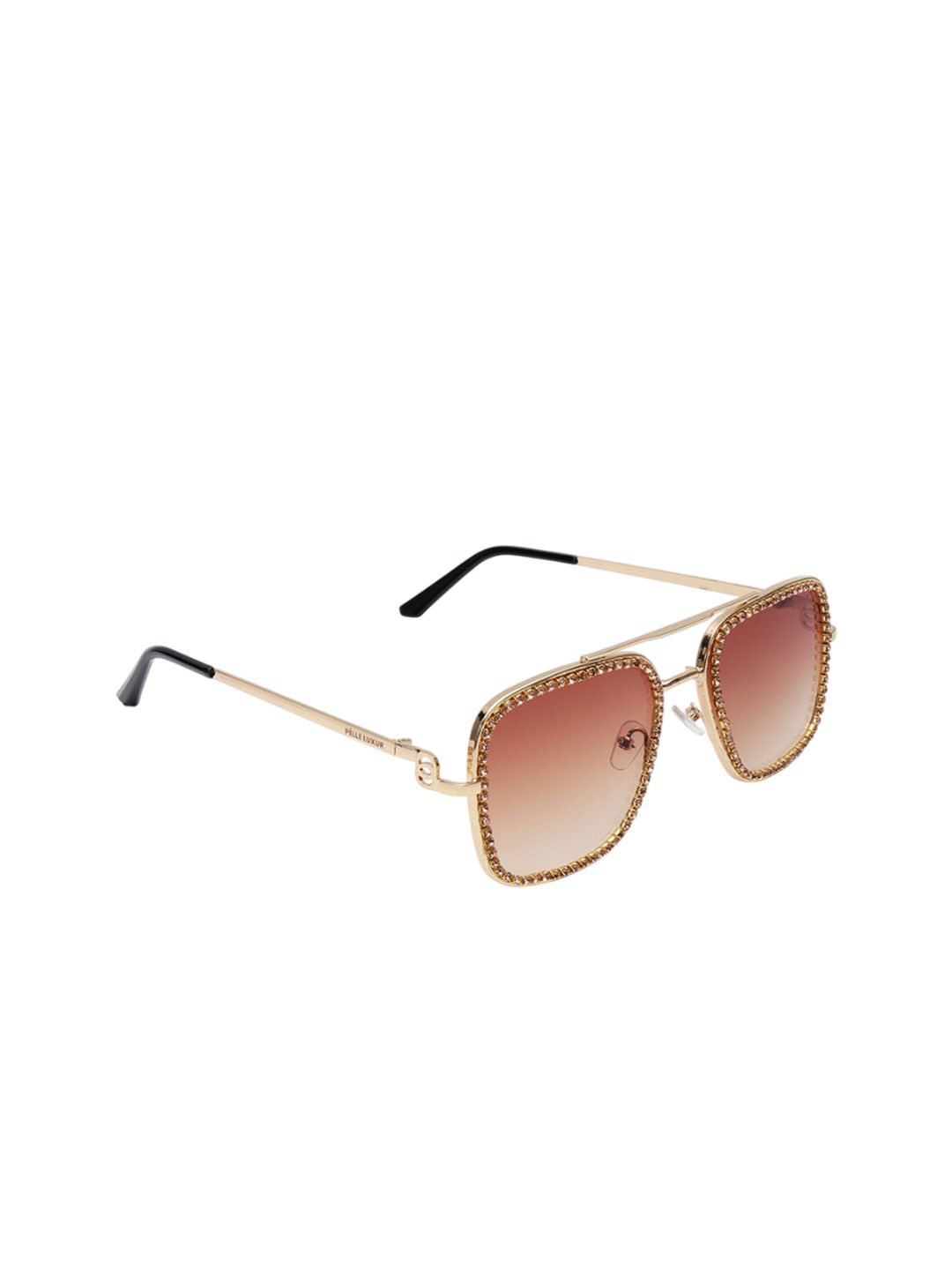 PELLE LUXUR Women Brown Lens & Gold-Toned Rectangle Sunglasses with-image-44