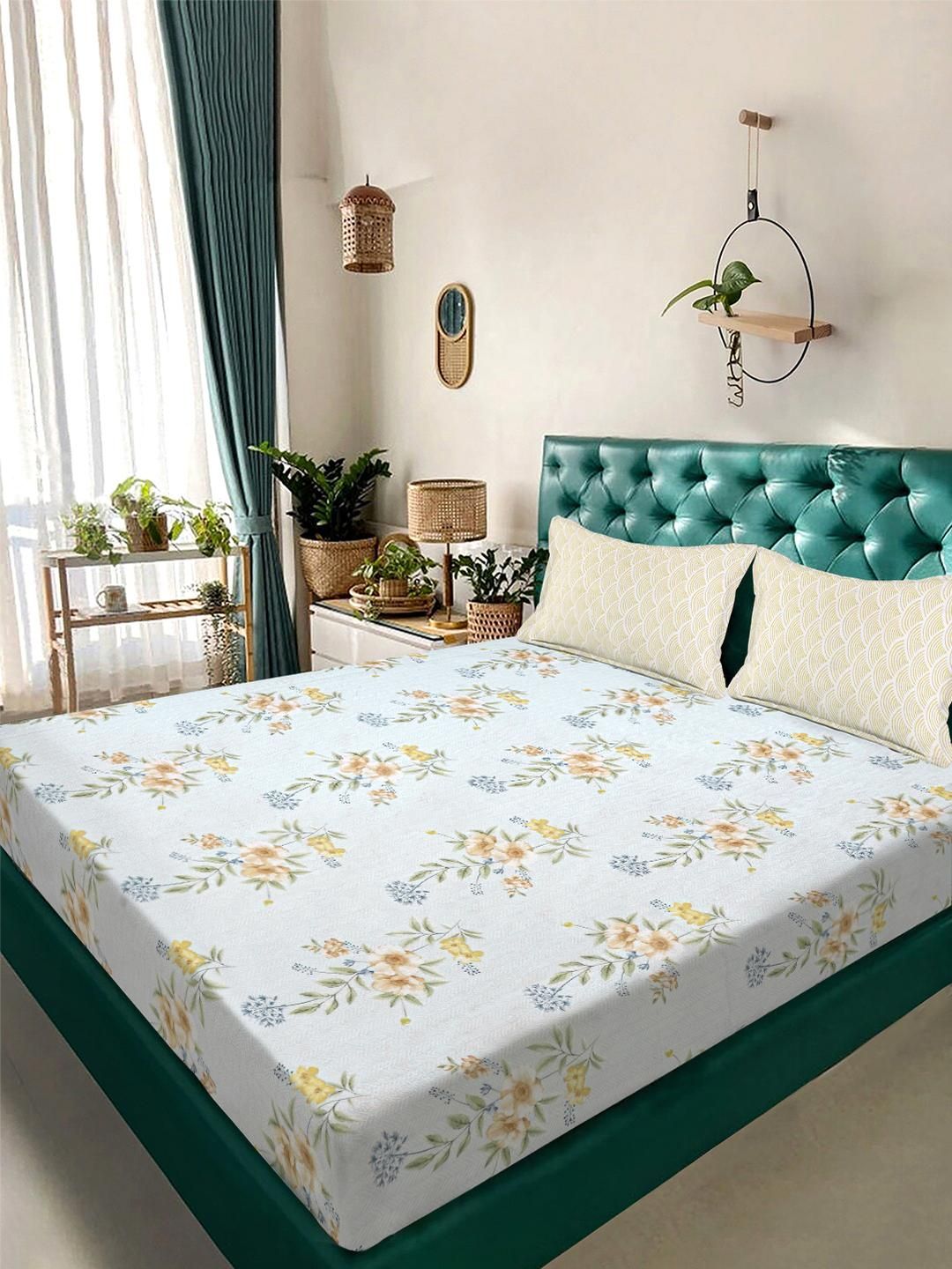 KLOTTHE Multicoloured & Off White Floral 300 TC King Bedsheet with 2 Pillow Covers-picture-25