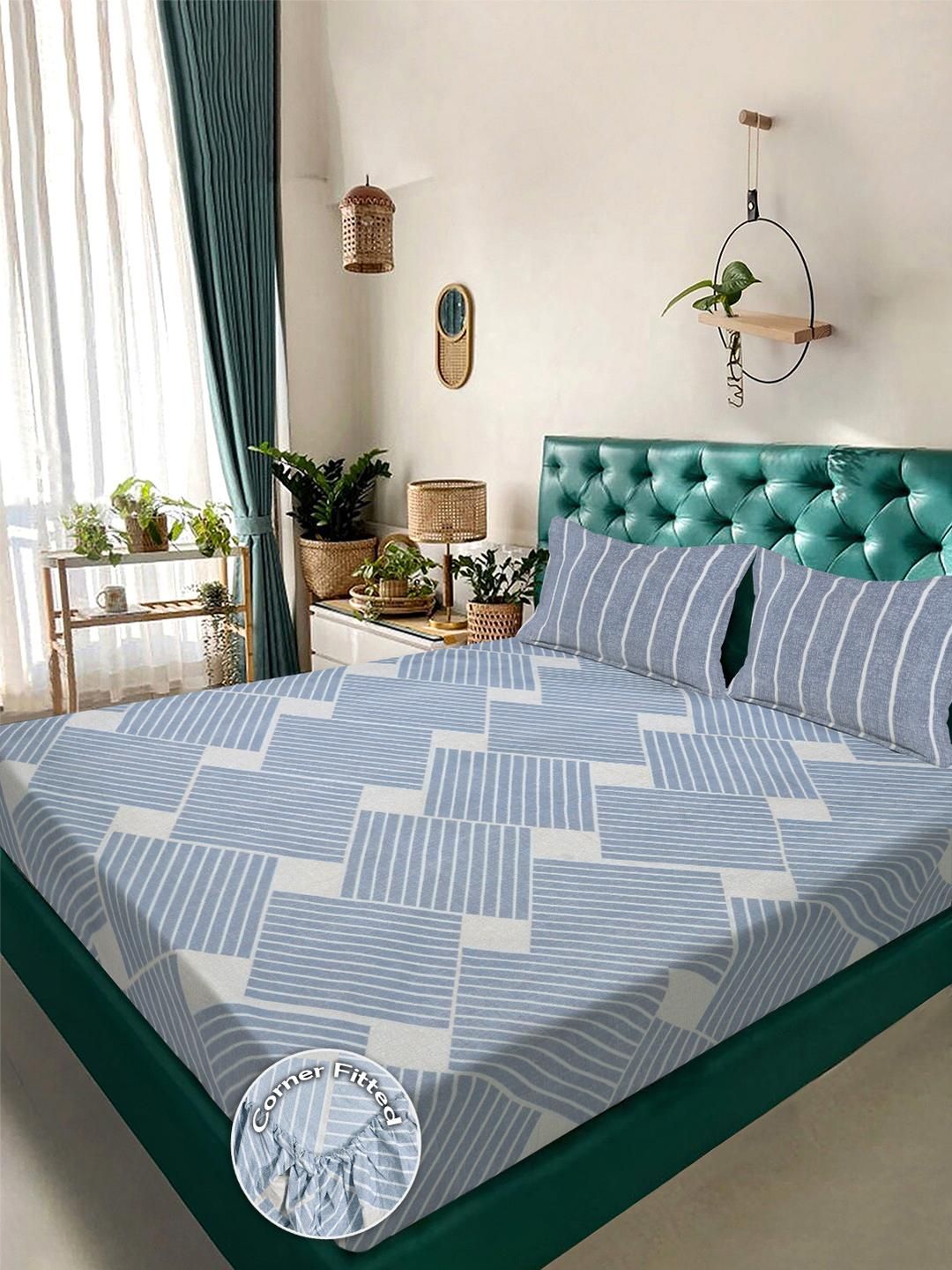 KLOTTHE Blue Geometric 300 TC King Bedsheet with 2 Pillow Covers-picture-20