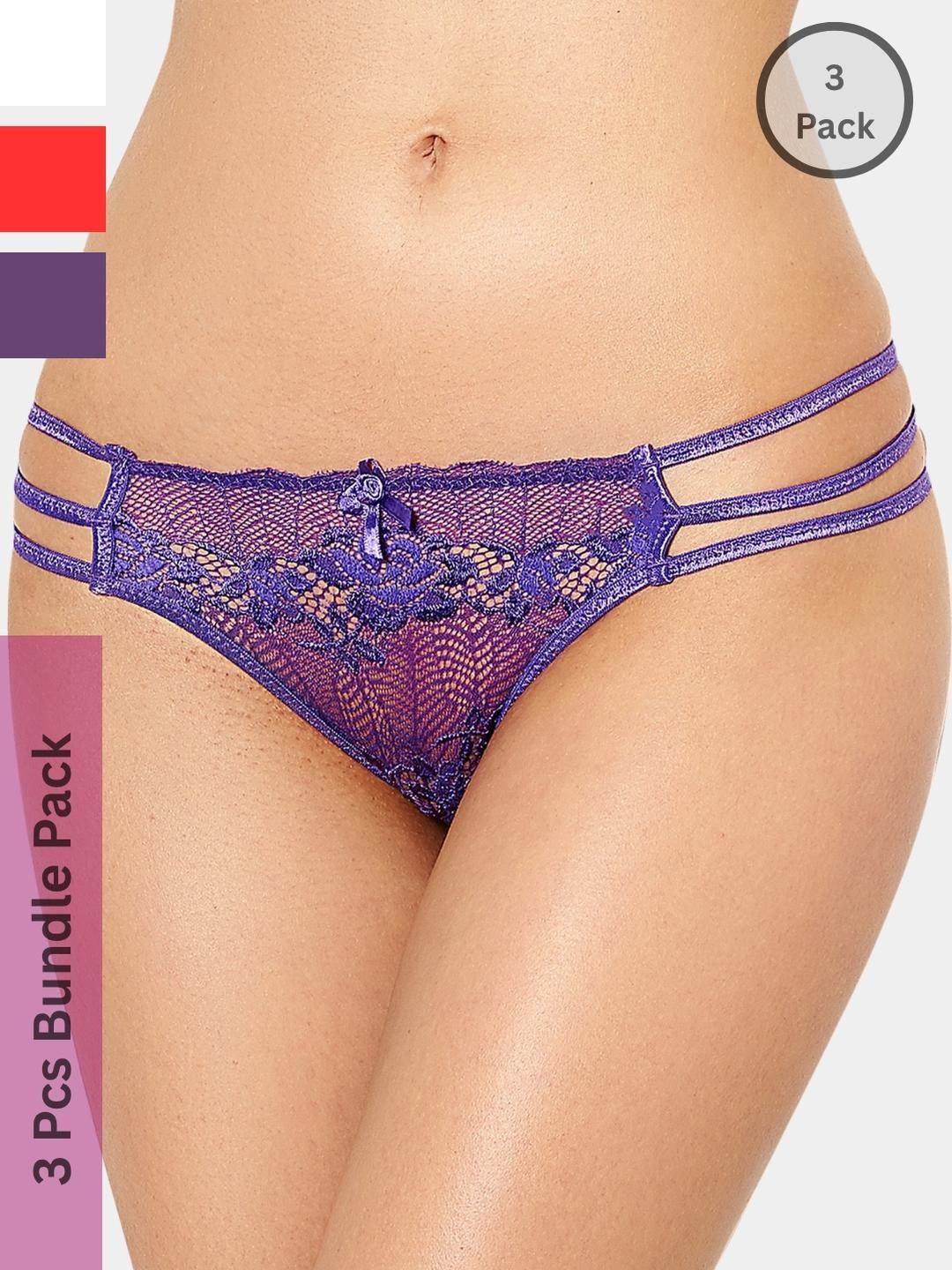 MYZA Women Pack Of 3 Microfiber Lace Mid-Rise Thongs-picture-35