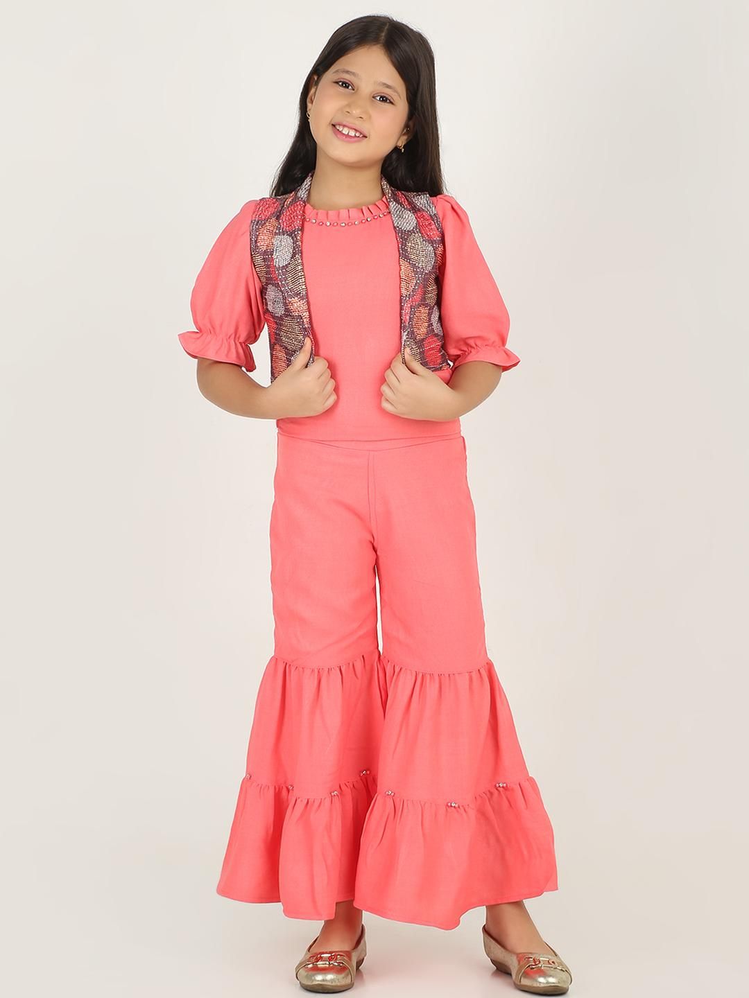 Be Kids Girls Puff Sleeve Top & Palazzos With Polka Dot Vest-picture-33