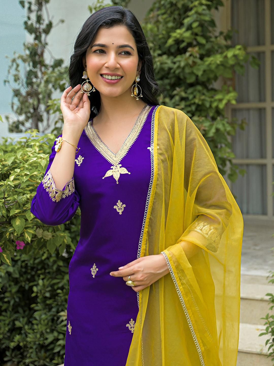 SANISA Women Purple Silk Blend Kurta Sets