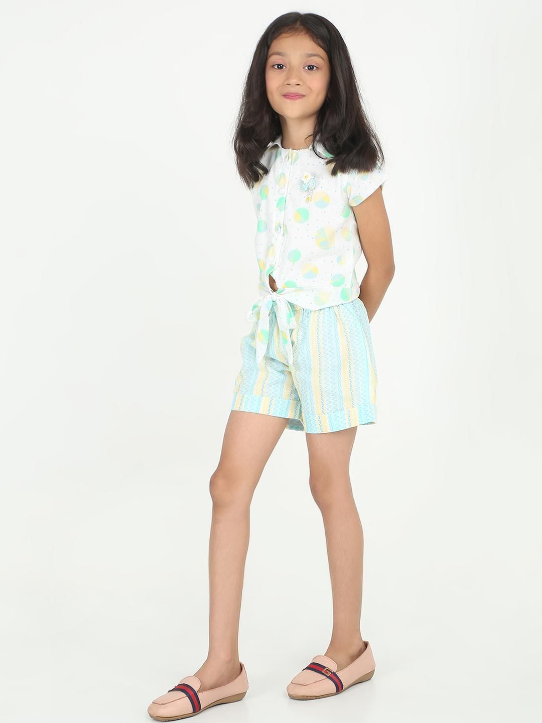 Be Kids Girls Yellow and Green with Floral Print Top Striped Shorts and Cap Clothing Set-picture-48