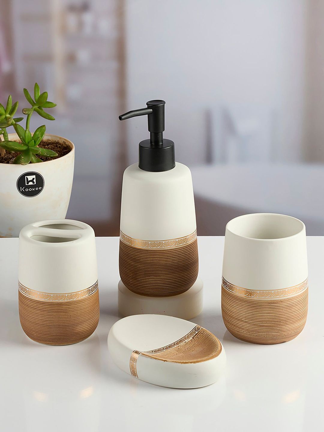 kookee white & gold-toned 4 pieces printed ceramic bath accessories set