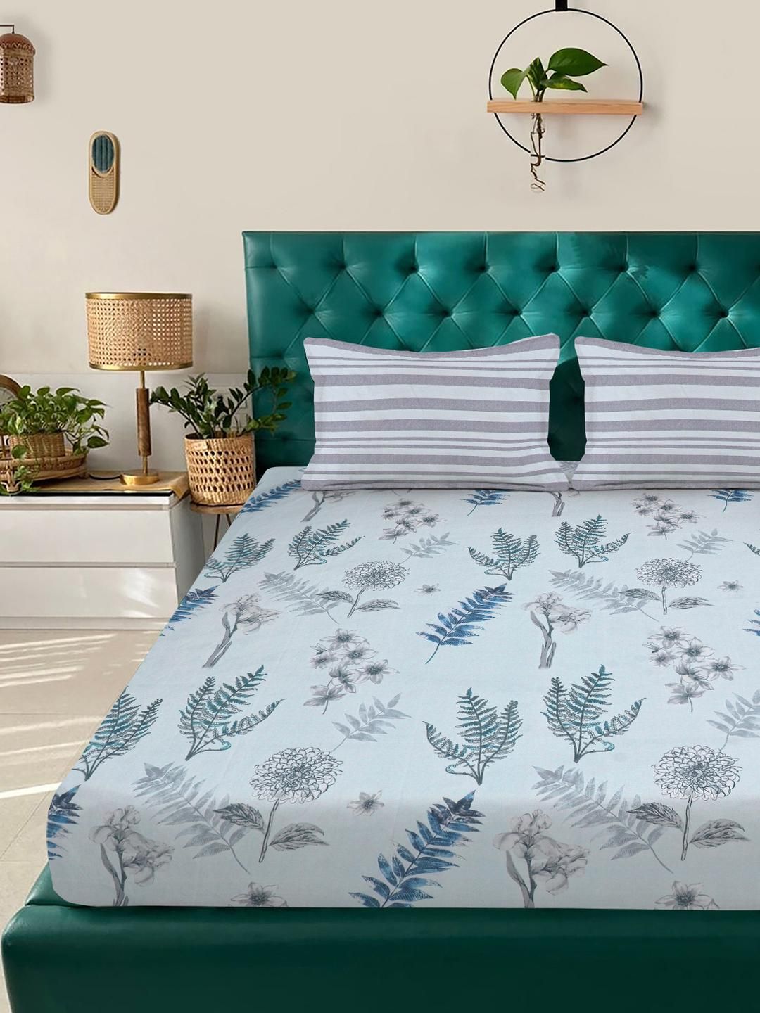 KLOTTHE Multicoloured Floral 300 TC King Bedsheet with 2 Pillow Covers-picture-18