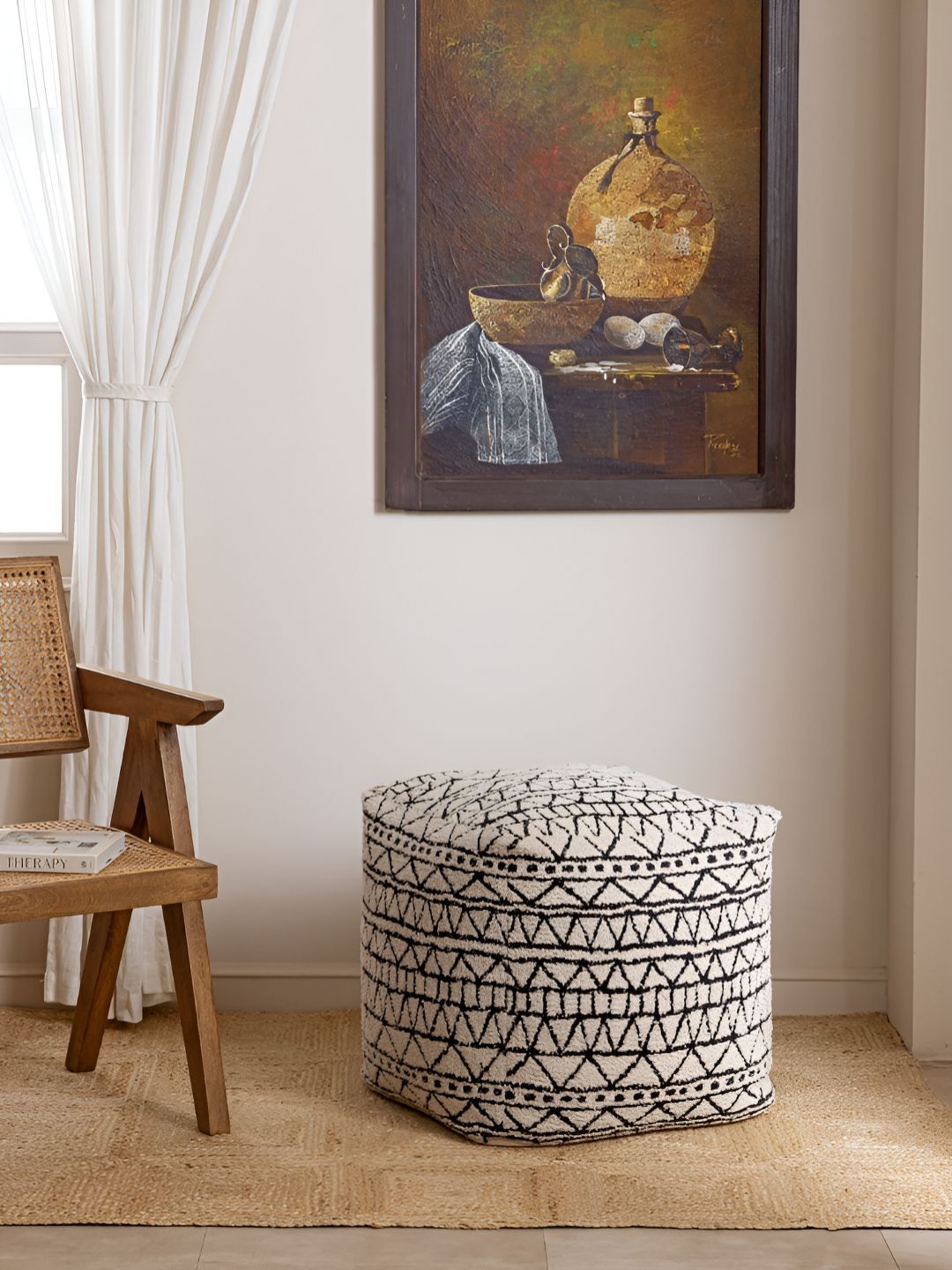 THEGASBH Tanu Black & Beige Printed Square Shaped Ottomans-image-49