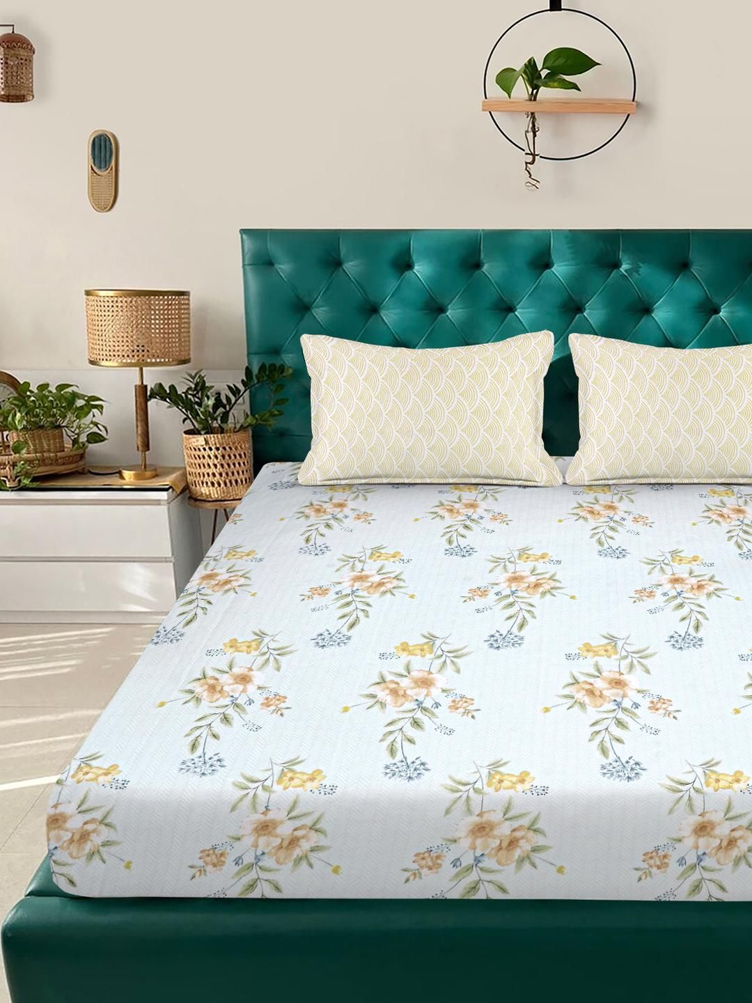 KLOTTHE Polycotton Floral Fitted 300 GSM Double Bedsheet with 2 Pillow Covers-picture-22
