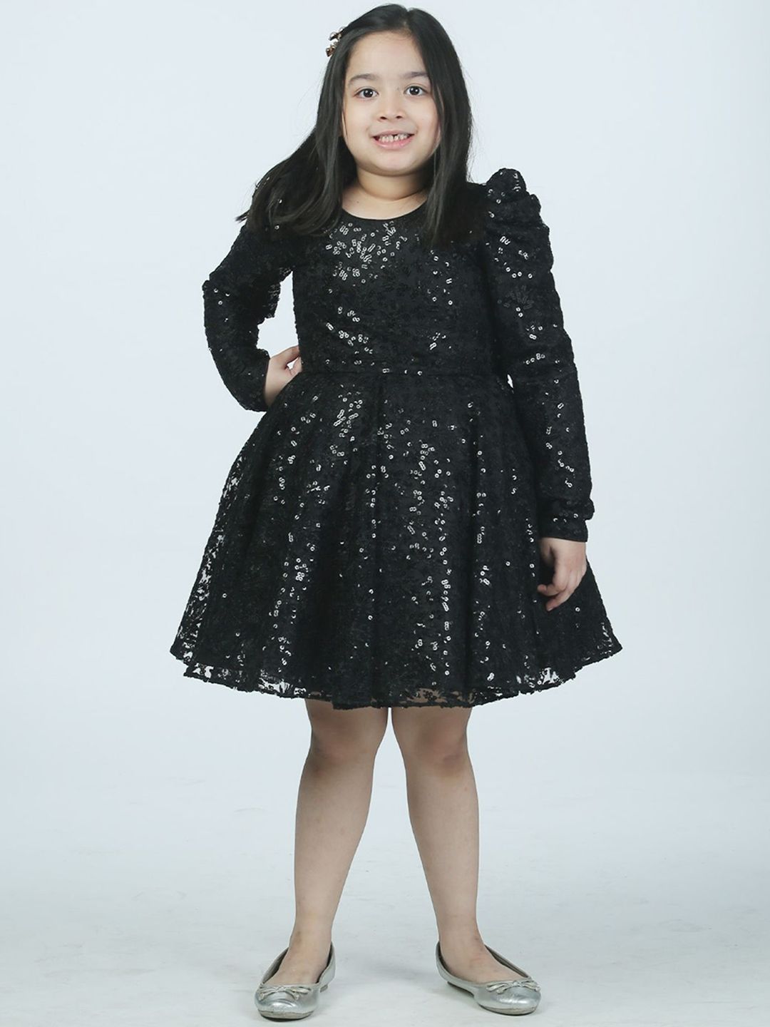 Alyaansh Couture Girls Embellished Round Neck Puff Sleeves Sequined Net Fit & Flare Dress-image-42