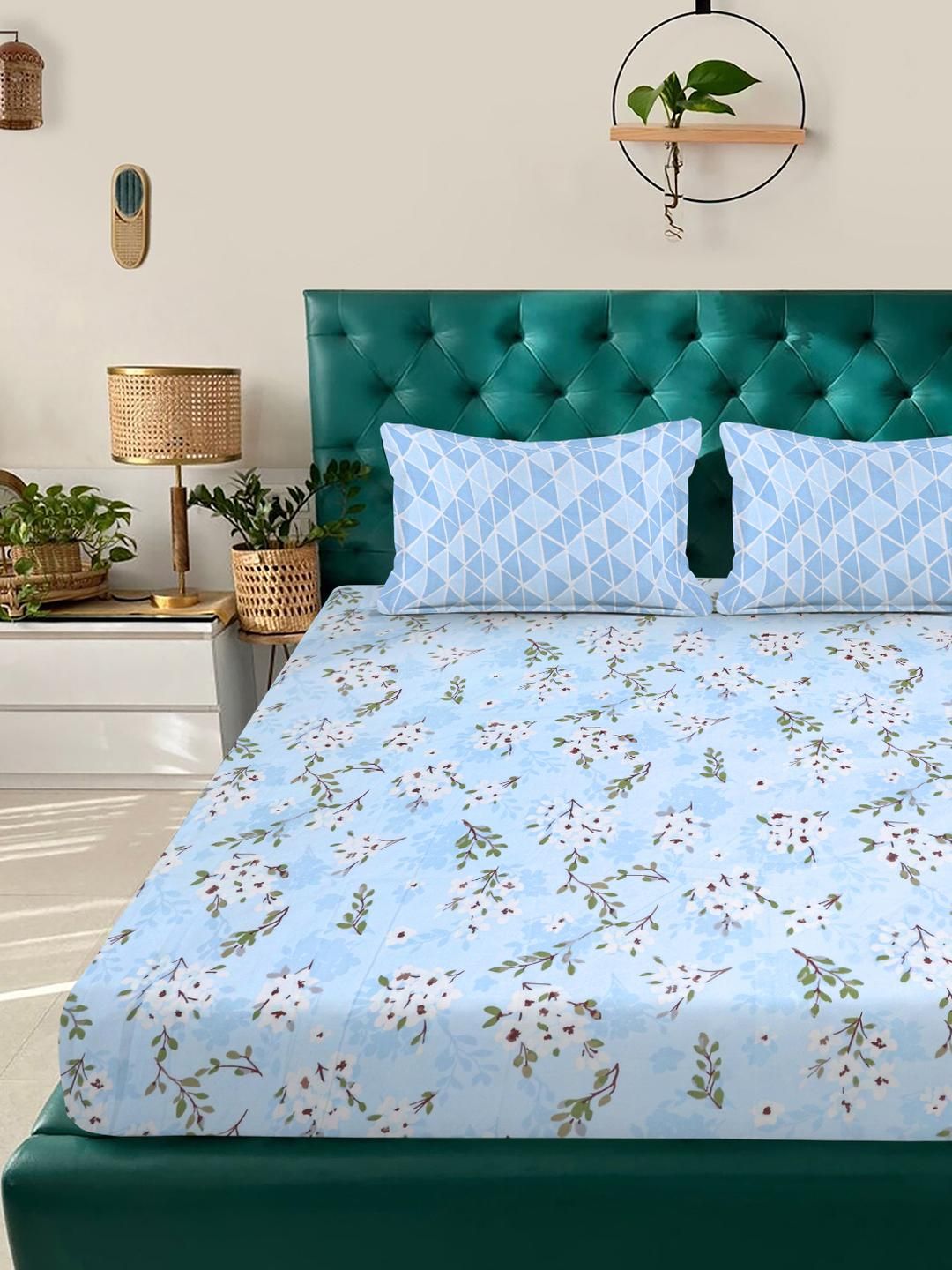 KLOTTHE Blue Floral Printed Flat 300 TC Cotton Blend Double Bedsheet With Pillow Covers-picture-27
