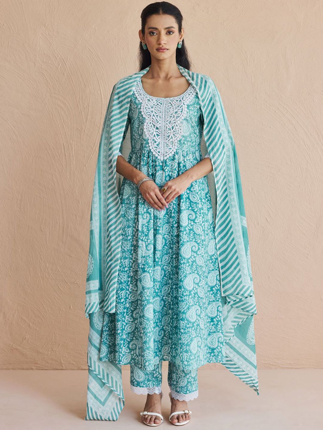 FIORRA Women Ethnic Motifs Embroidered Pure Cotton Anarkali Kurta with Trouser & Dupatta-picture-12
