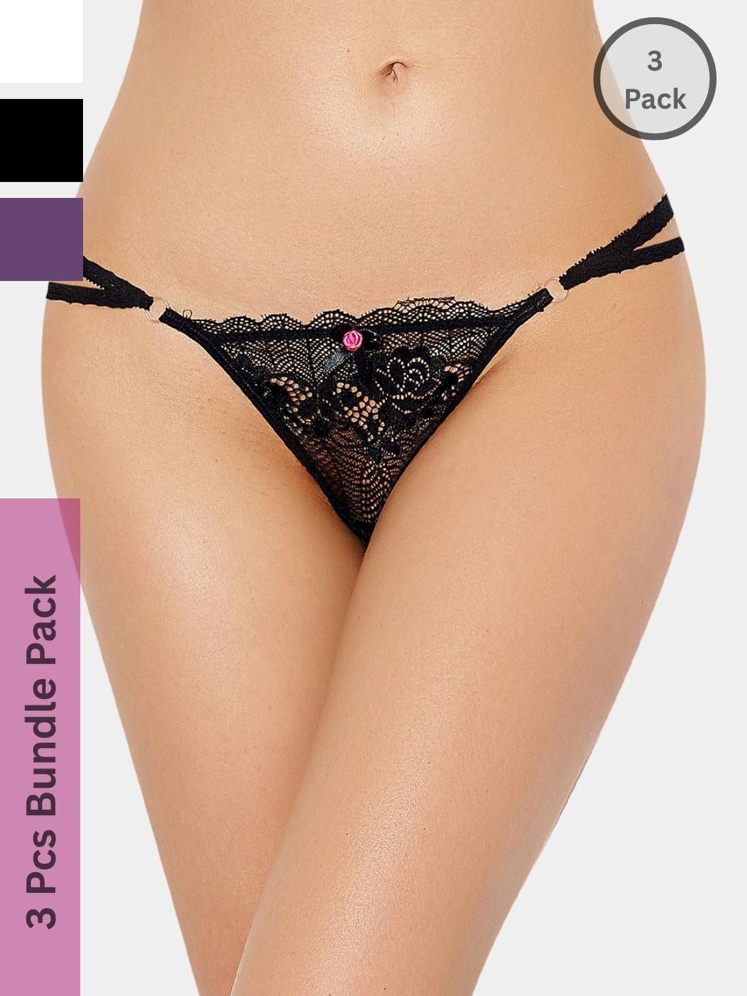 MYZA Women Pack Of 3 Microfiber Lace Mid-Rise Thongs Briefs-picture-29