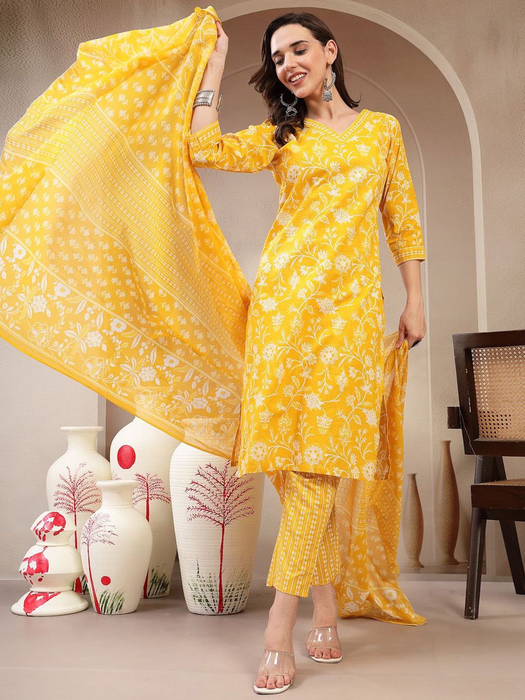 Moda Rapido Women Floral Printed V-Neck Pure Cotton Kurta with Trousers & Dupatta