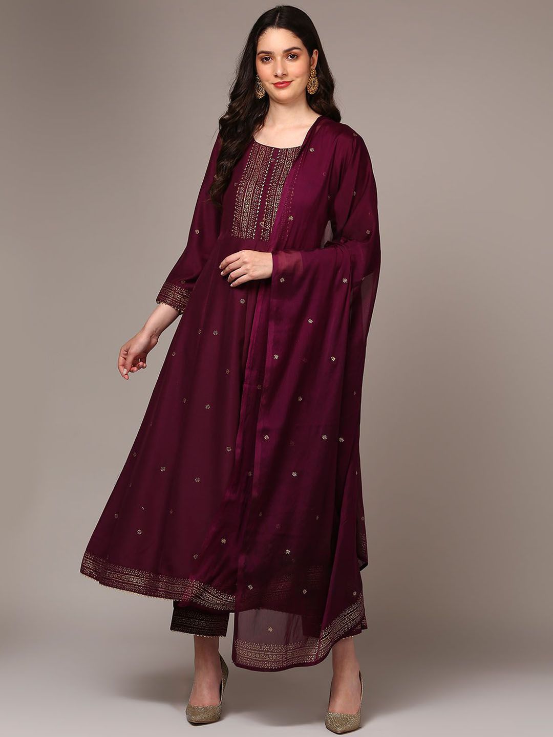 KALINI Ethnic Motifs Printed Panelled Gotta Patti Anarkali Kurta With Trousers & Dupatta