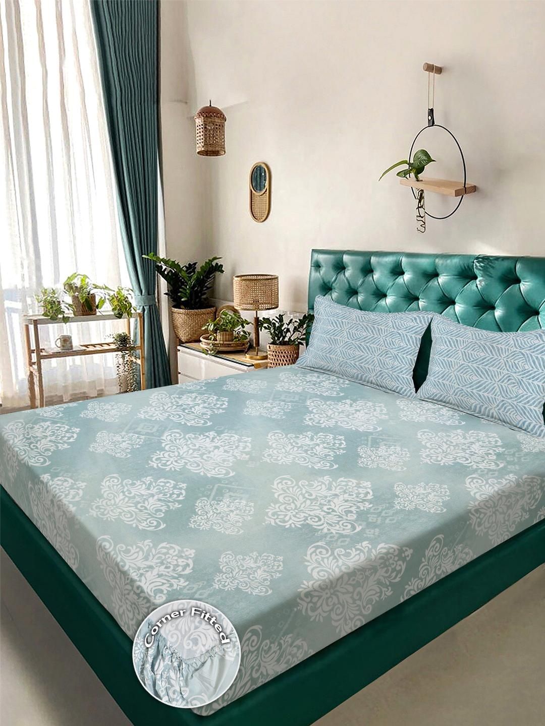 KLOTTHE Green & White Floral 300 TC King Bedsheet with 2 Pillow Covers-picture-41