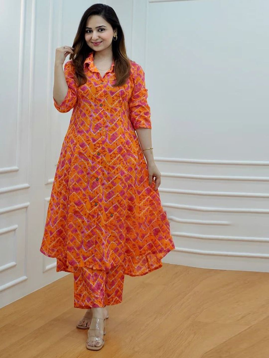 MHIZHA Abstract Shirt Collar A-Line Kurta With Palazzos