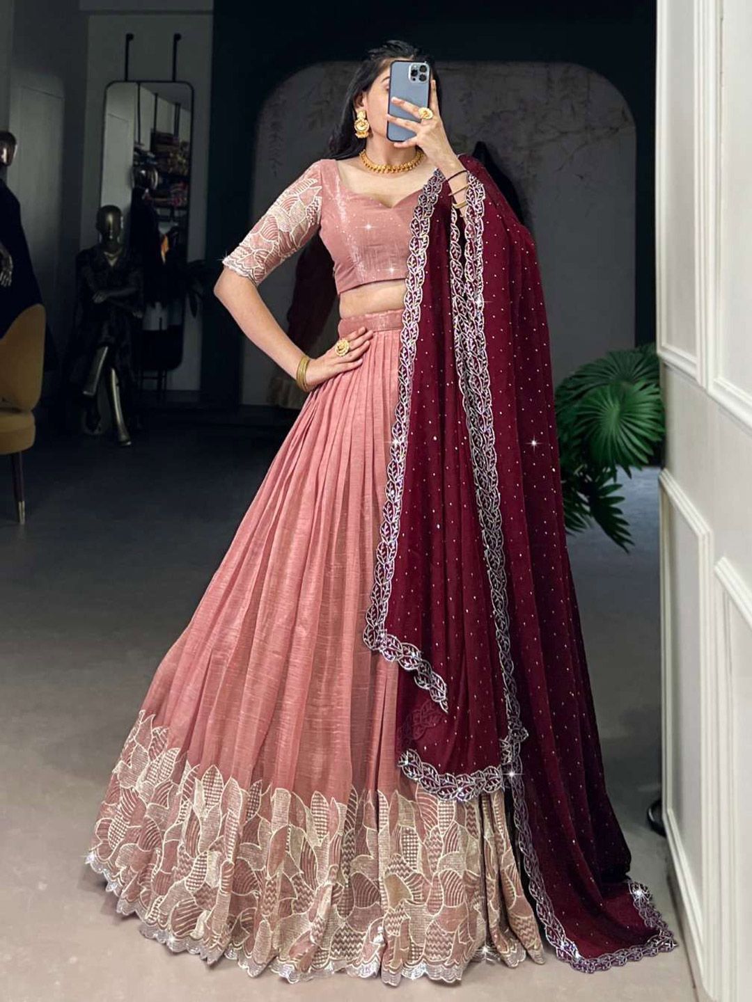 Aika Embroidered Silk Chiffon Semi-Stitched Lehenga & Unstitched Blouse With Dupatta