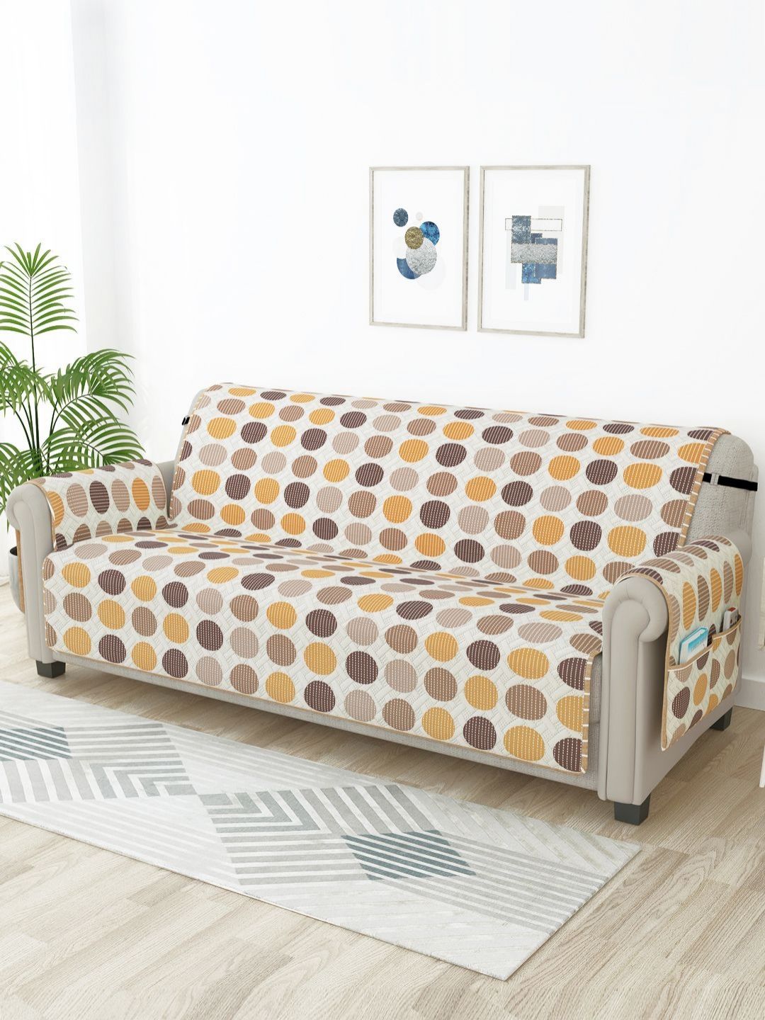 Story@home Beige & White Printed Microfiber 1 Piece Sofa Cover With Arms-picture-11