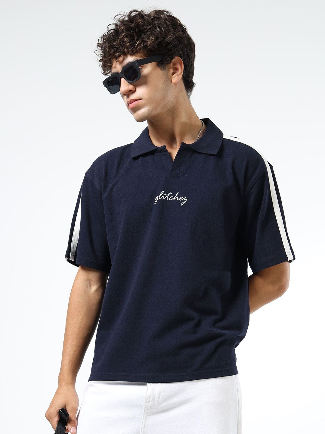 glitchez Typography Printed Polo Collar Drop-Shoulder Sleeves Oversized T-shirt-image-21