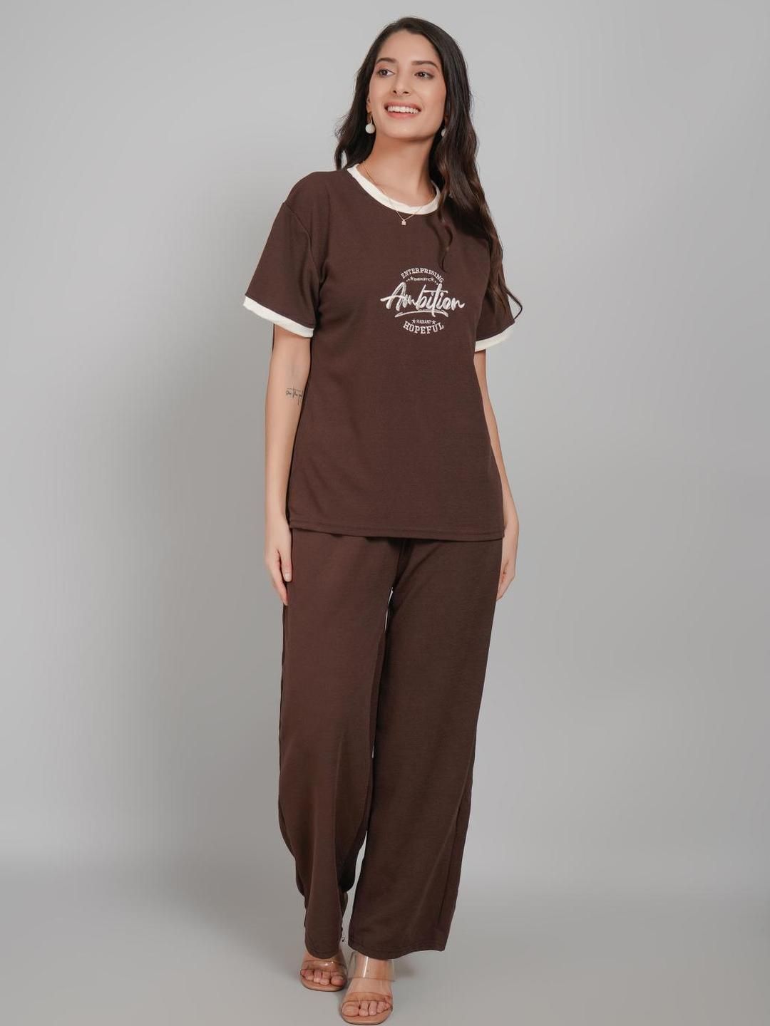 Lugo Women Brown Casual Round Neck Short Sleeves Cotton Blend Trending Co-ords Set