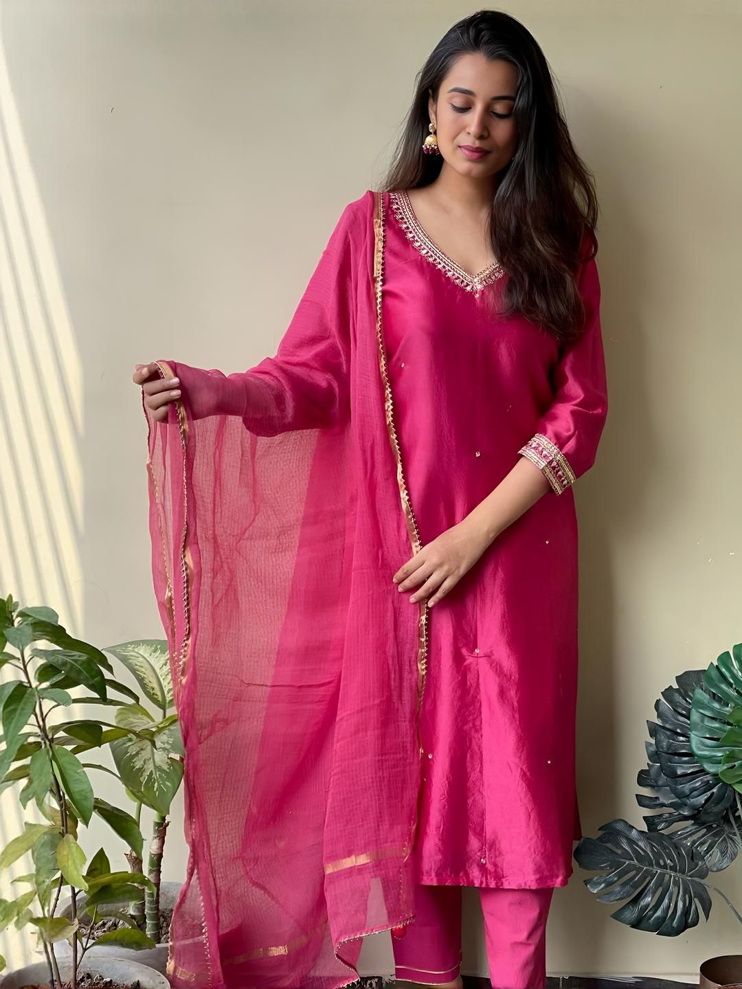 KALINI Women Pink Viscose Rayon Kurta & Trousers With Dupatta