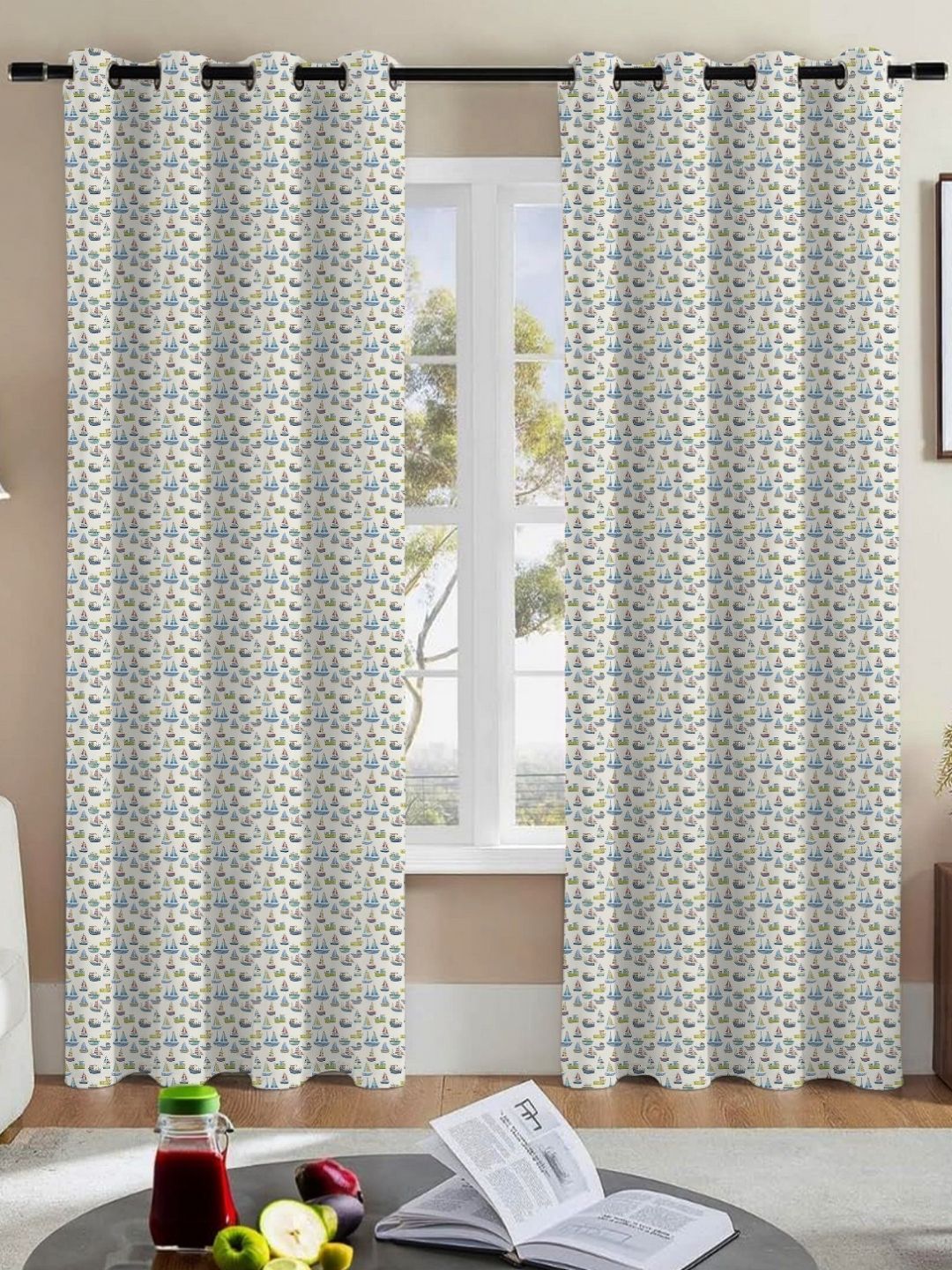 Nefertiti Home Off White & Blue 2 Pieces Abstract Printed Black Out Long Door Curtains-image-41