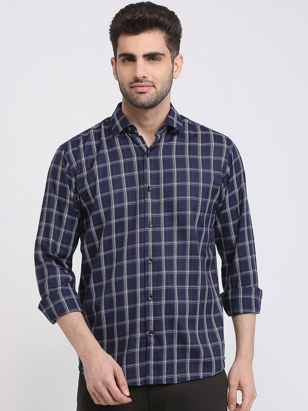 Park Avenue Men Slim Fit Windowpane Checked Spread Collar Casual Shirt-picture-17