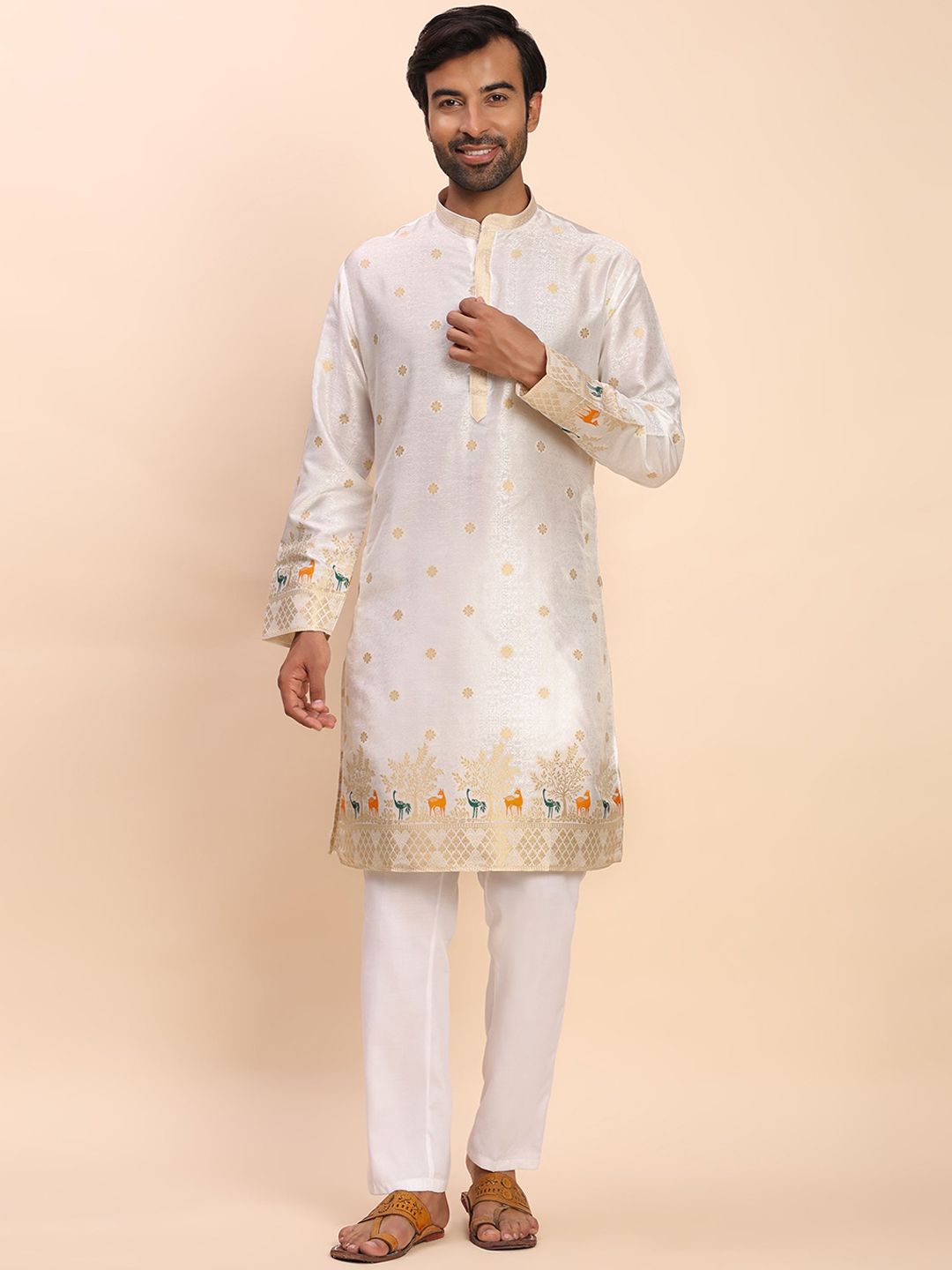 Pro-Ethic STYLE DEVELOPER Men Floral Embroidered Cotton Kurta with Trousers-image-47