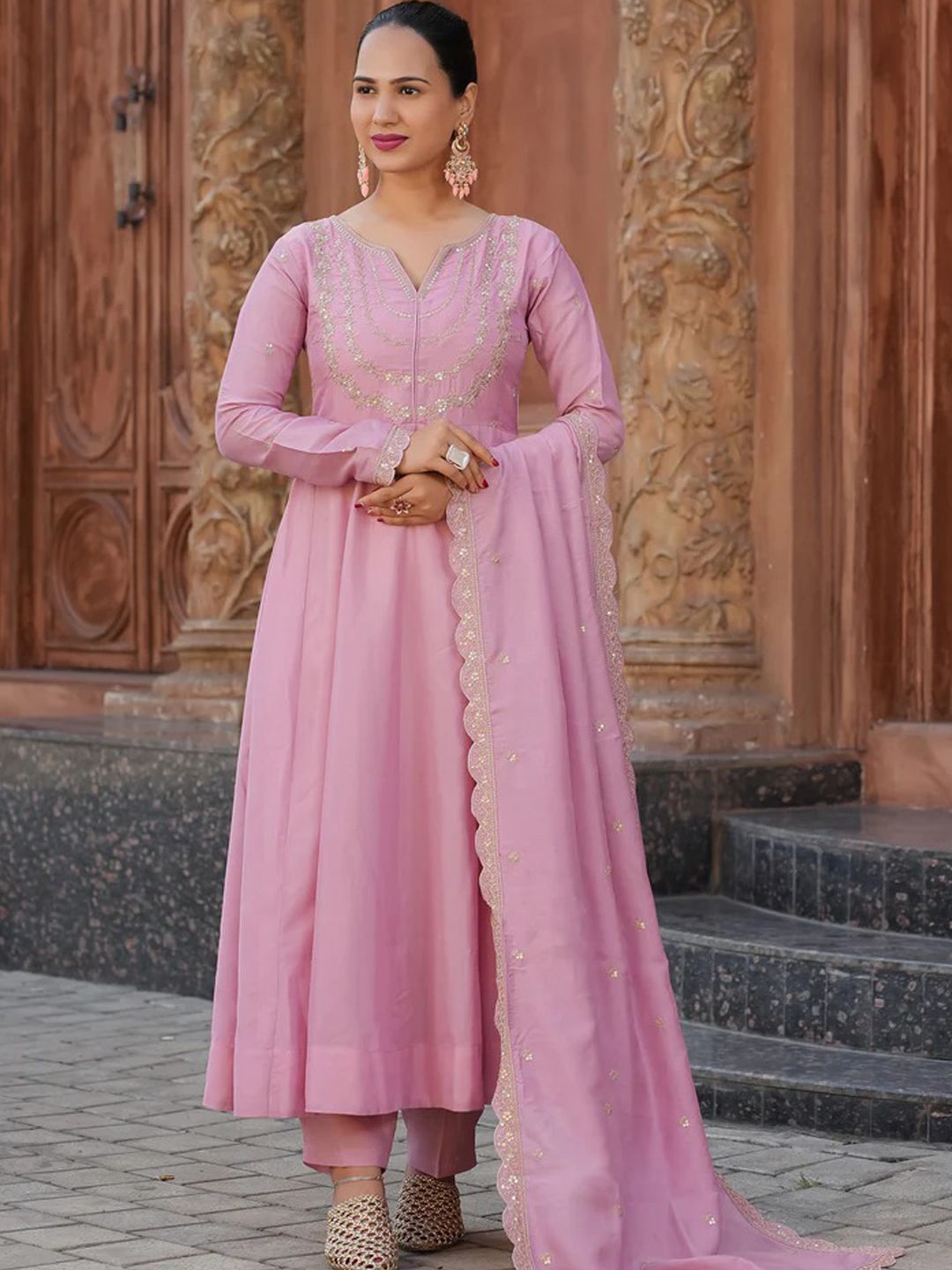 AKSHARAM Women Floral Embroidered Anarkali Kurta with Trouser & Dupatta