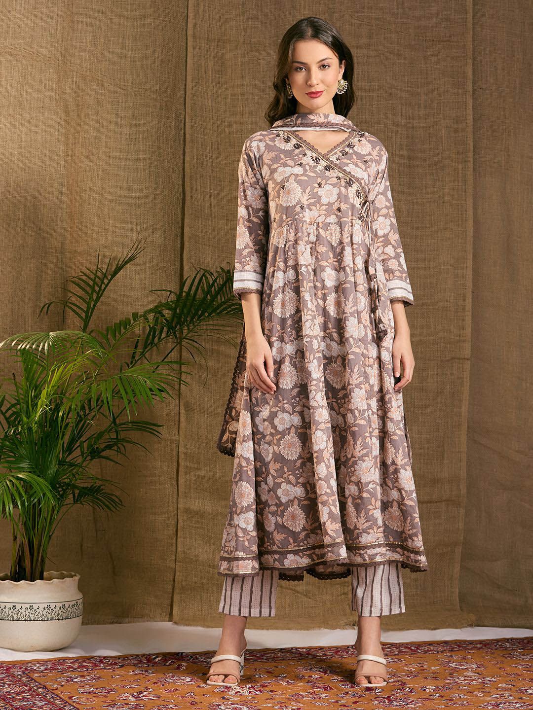 FASHOR Women Floral Printed Cotton Anarkali Kurta with Trousers & Dupatta