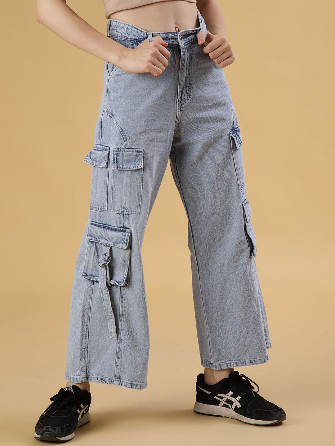 V-Mart Women Wide Leg Mid-Rise Heavy Fade Cargos Jeans-picture-20