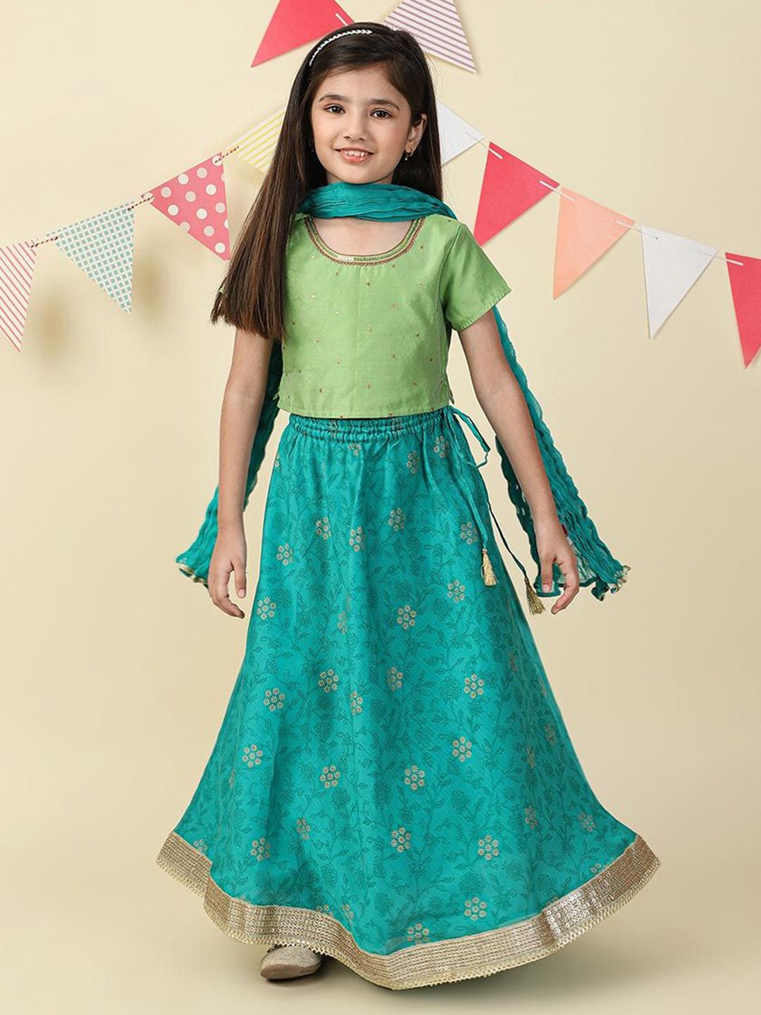 Fabindia Girls Printed Sequinned Ready to Wear Lehenga & Blouse With Dupatta-picture-42
