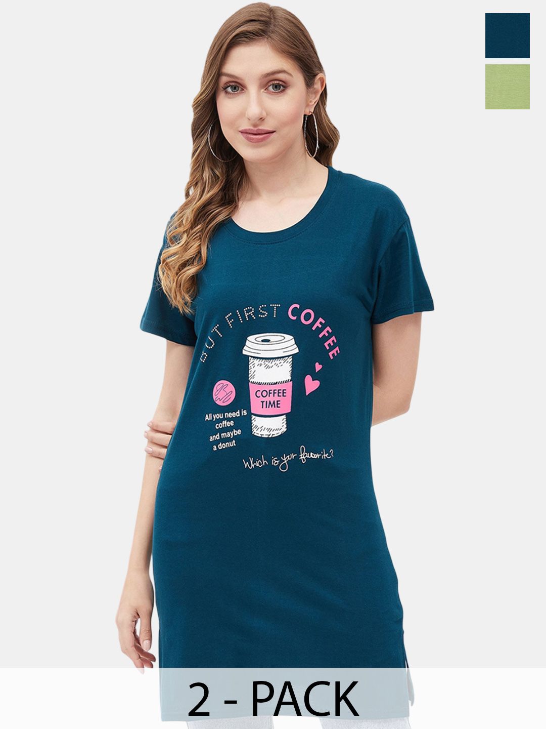 Christy World Women Pack Of 2 Printed Round Neck Long Lounge T-Shirts-picture-42