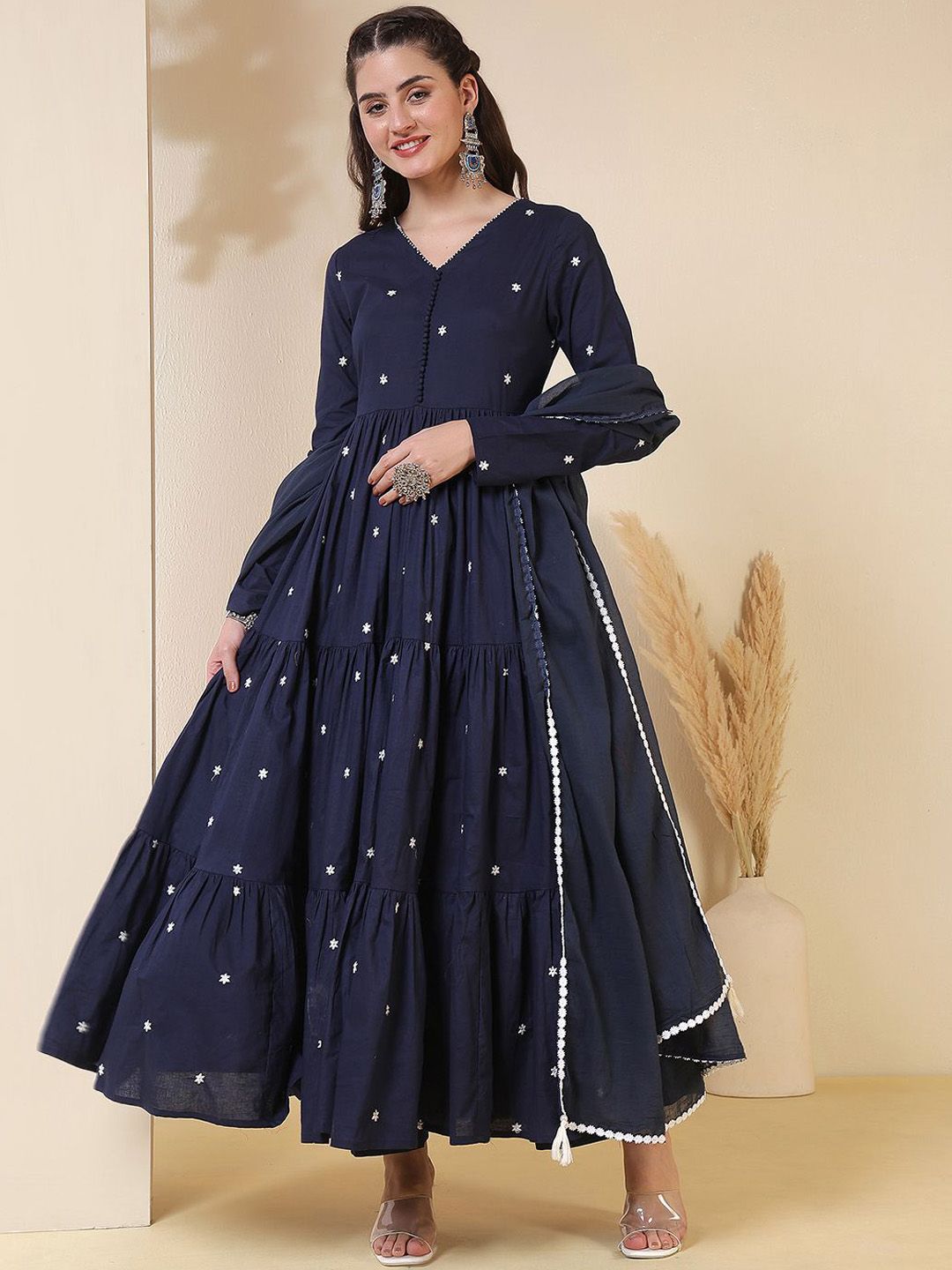 Sangria Floral Embroidered V-Neck Tiered Pure Cotton Kurta With Trousers & Dupatta-picture-13