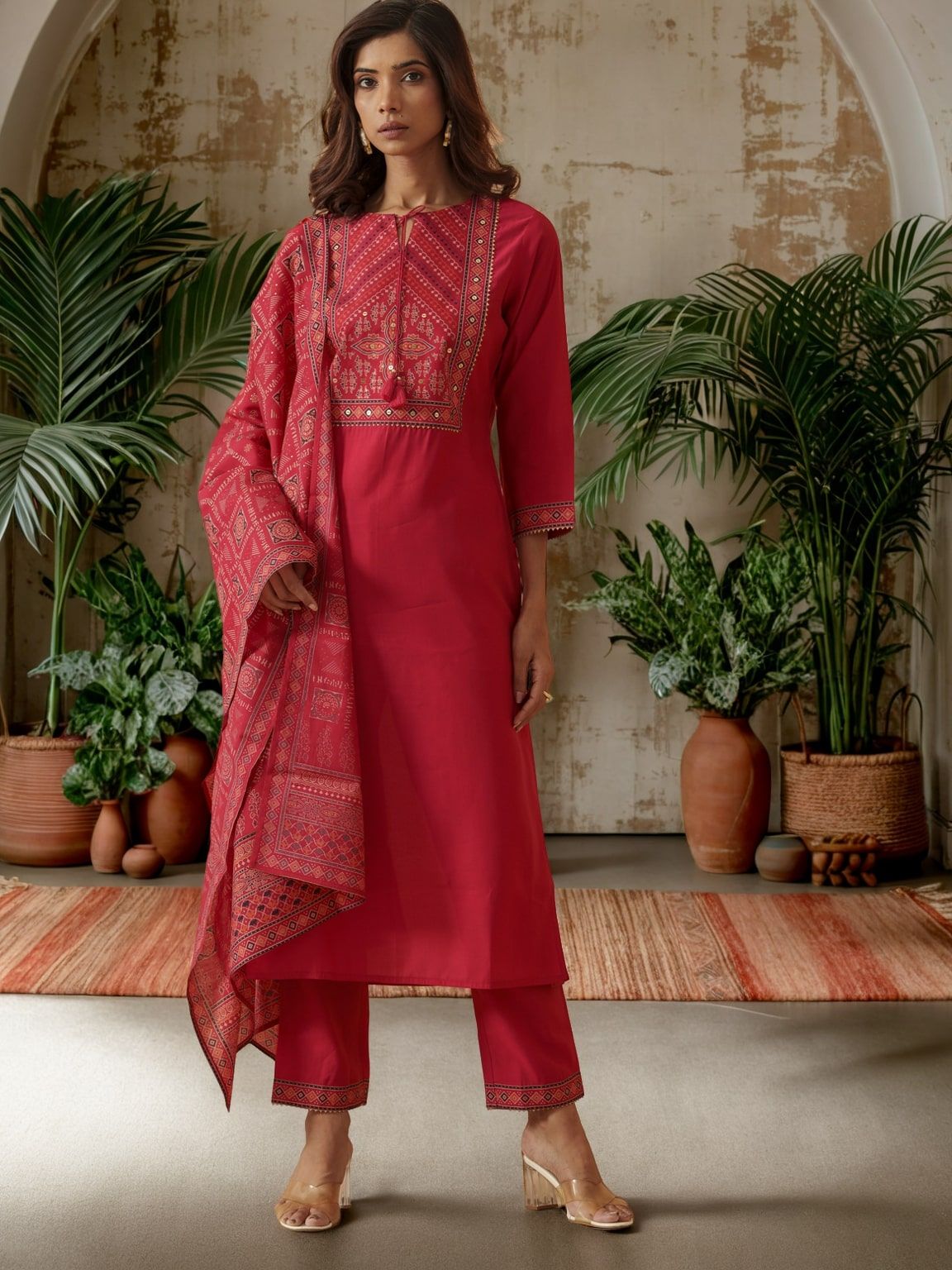 House of Pataudi Embroidered Straight Kurta & Trousers & Dupatta