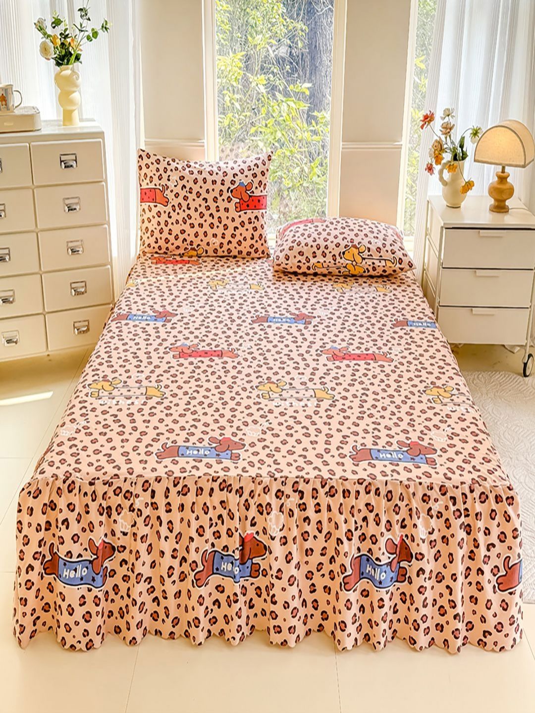JC HOME Peach-Coloured & Blue Printed 140 TC Queen Bedsheet Set 1.5 m x 2 m-picture-37