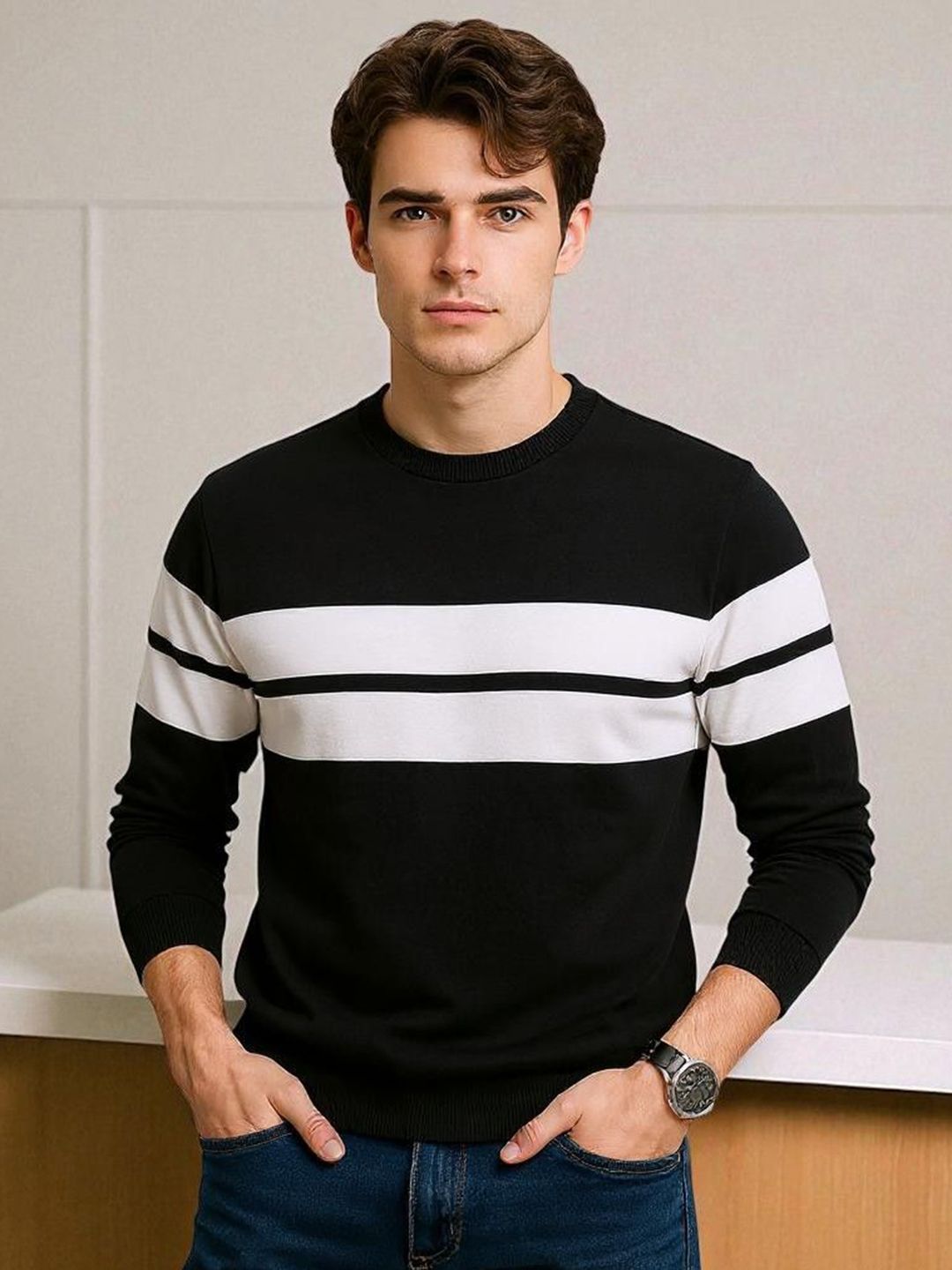 AUTNA Men Striped Cotton Pullover Sweatshirt-picture-51