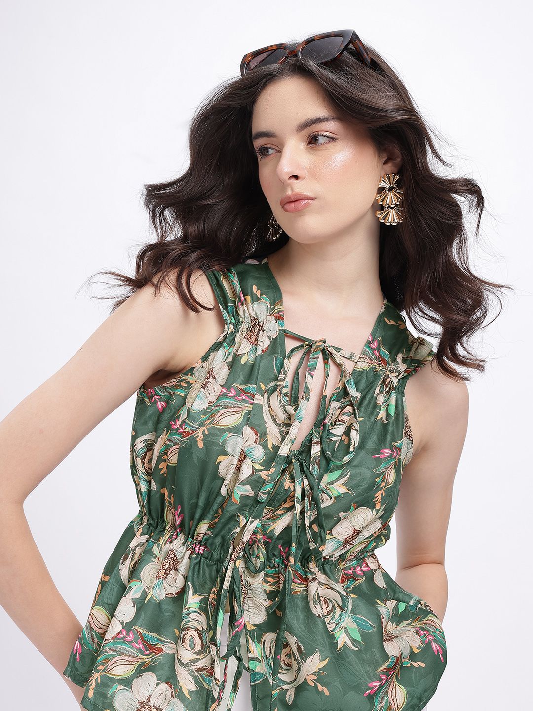 fusion by glitchez Floral Print Tie-Up Neck A-Line Top-picture-41