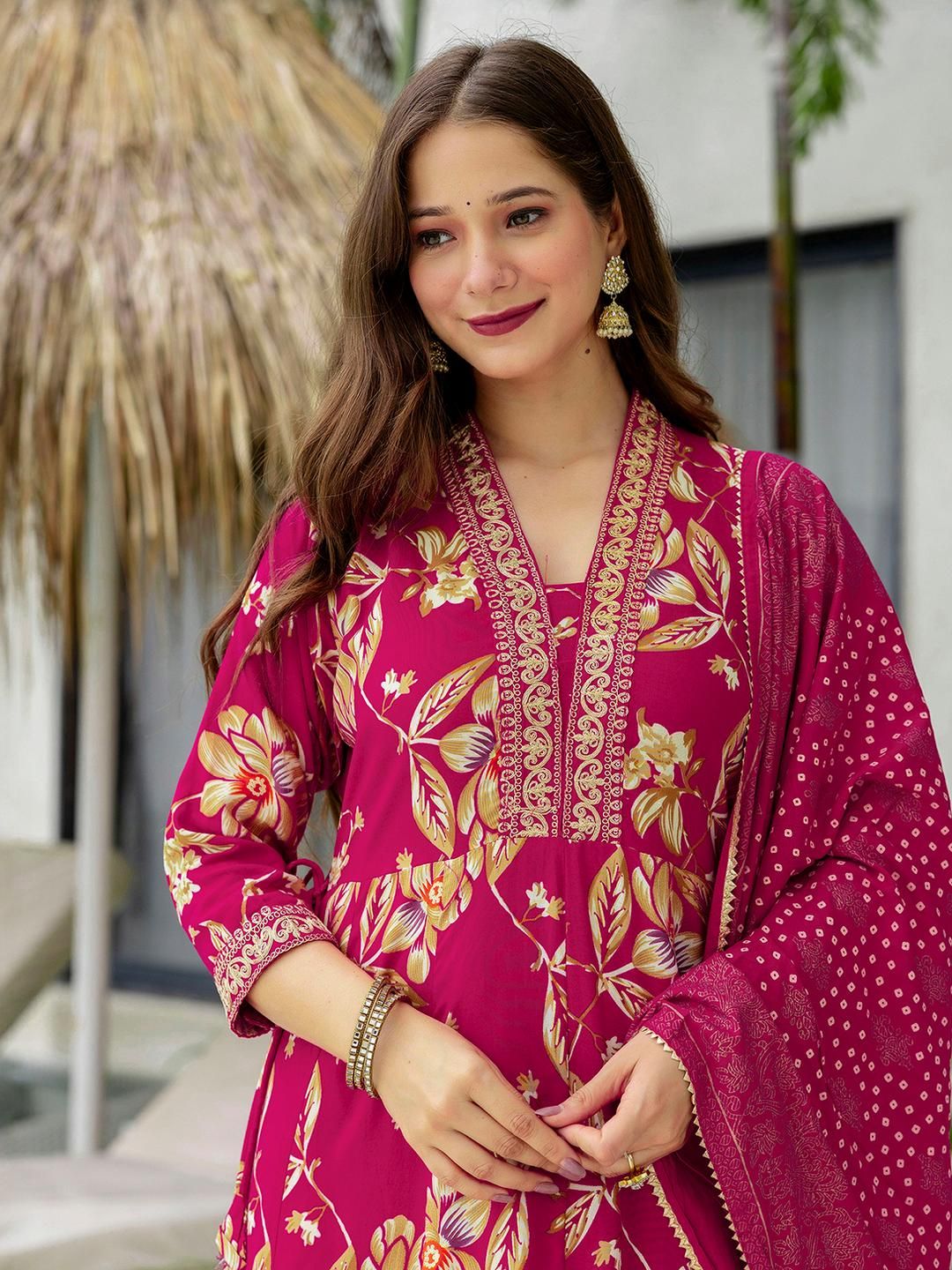SANISA Women Cotton Blend Printed Anarkali Kurta Trousers With Dupatta