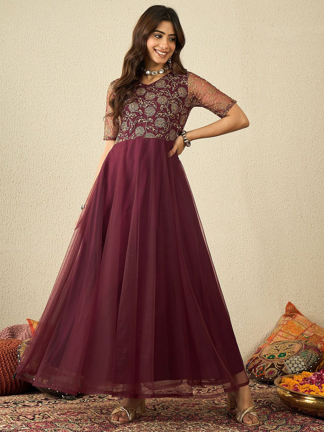 Inddus Women Floral Embellished Sequinned Fit & Flared Ethnic Maxi Dress-image-27