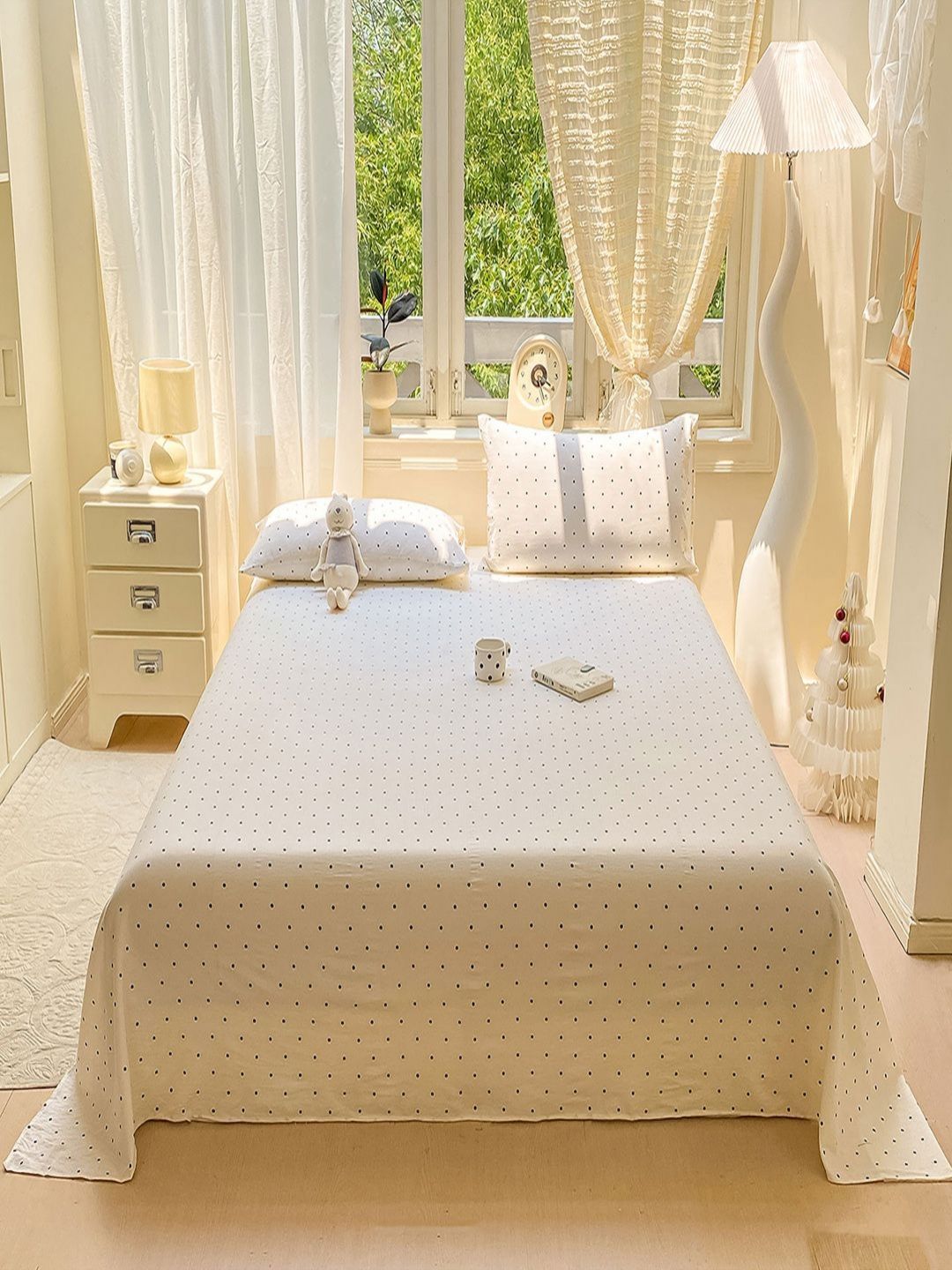 JC HOME White Polka Dot Printed 140 TC Fitted King Size Bedsheet Set 2.30 m x 2.50 m-image-34