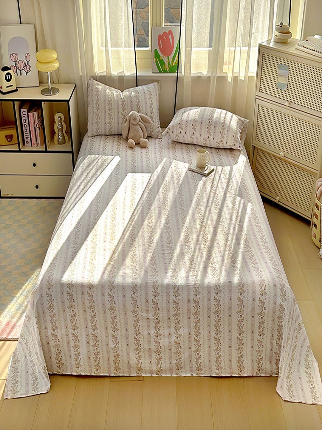 JC HOME White & Yellow Floral Printed 140 TC Fitted King Size Bedsheet Set 2.30 m x 2.50 m-picture-37