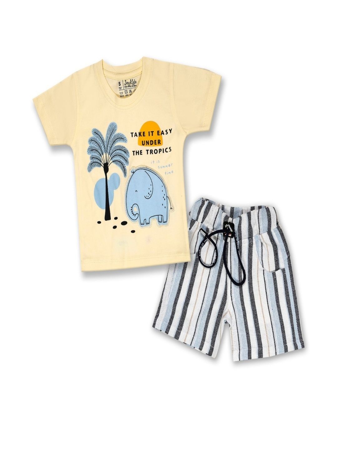 Joy Kids Boys Yellow & Blue Printed & Striped T-shirt With Shorts-picture-22