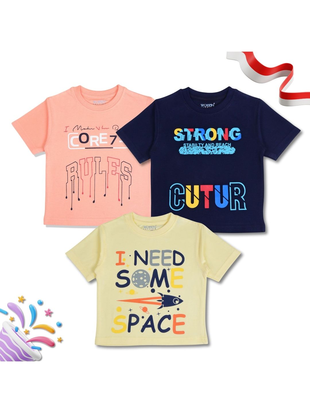 WORTON FASHION Kids Pack of 3 Cotton Typography Printed T-shirt-picture-23