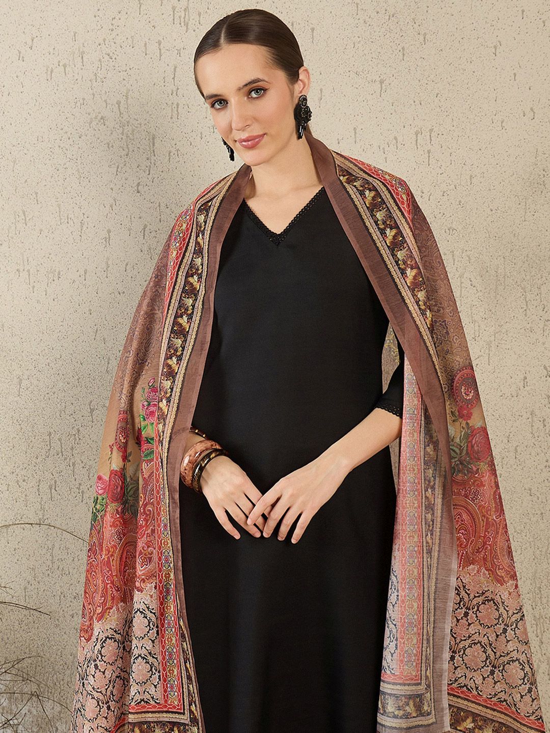 Indo Era V-Neck A-Line Kurta With Trousers & Dupatta
