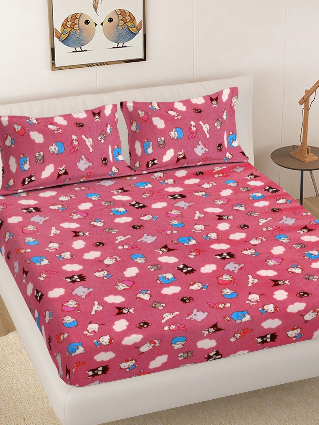 FABINALIV Pink Cartoon Characters 300 TC King Bedsheet with 2 Pillow Covers 250X225 cm-image-7